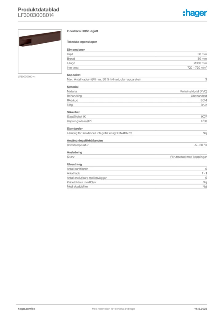 Bild Hager Produktdatablad LF3003008014 | Hager Sverige