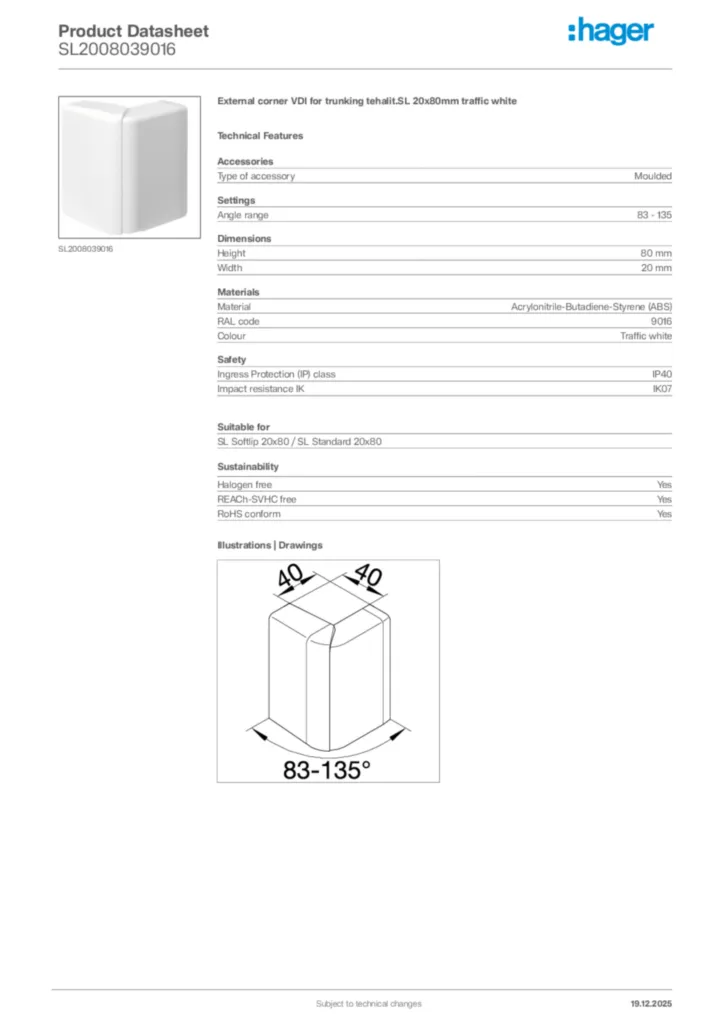 Image Hager Product data sheet SL2008039016  | Hager Africa