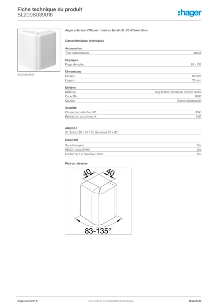 Image Hager Fiche technique du produit SL2008039016 | Hager Afrique