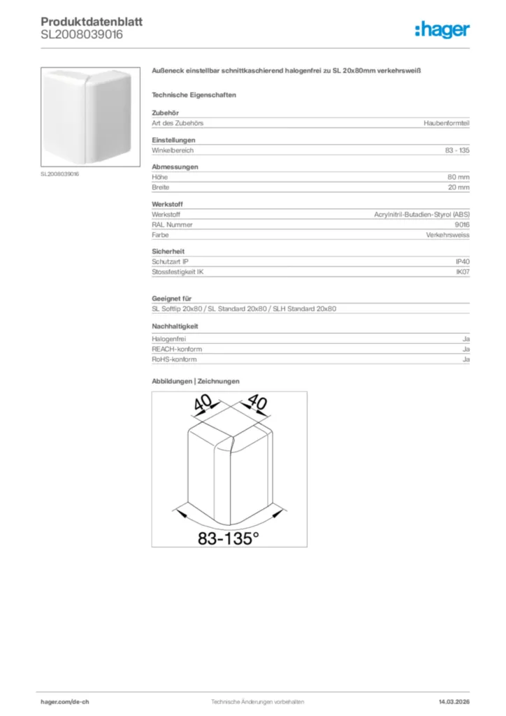 Bild Hager Produktdatenblatt SL2008039016 | Hager Schweiz