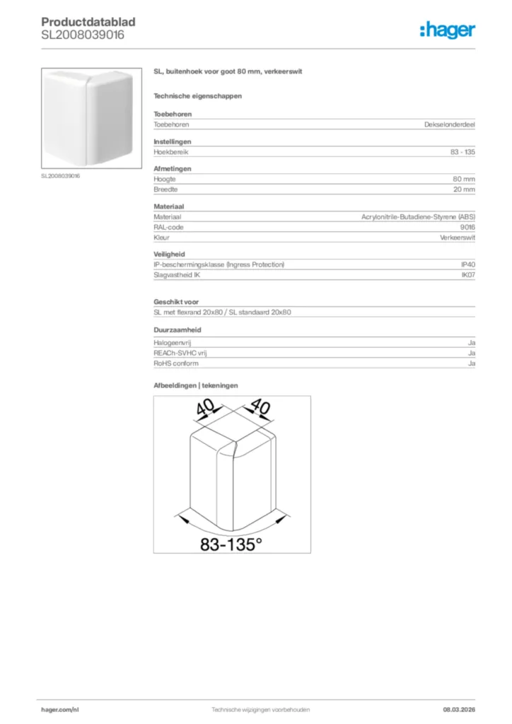 Afbeelding Hager Productdatablad SL2008039016 | Hager Nederland