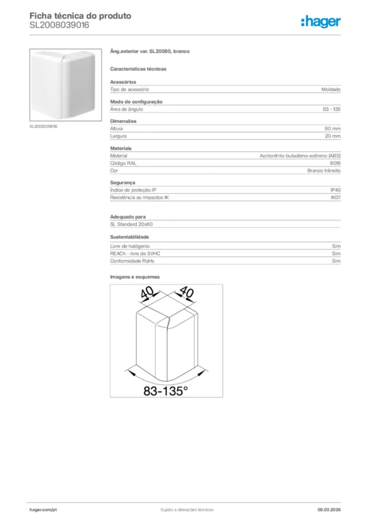 Imagem Hager Ficha técnica do produto SL2008039016 | Hager Portugal