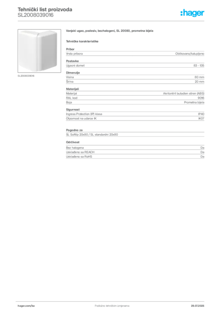 Slika Hager Product data sheet SL2008039016  | Hager