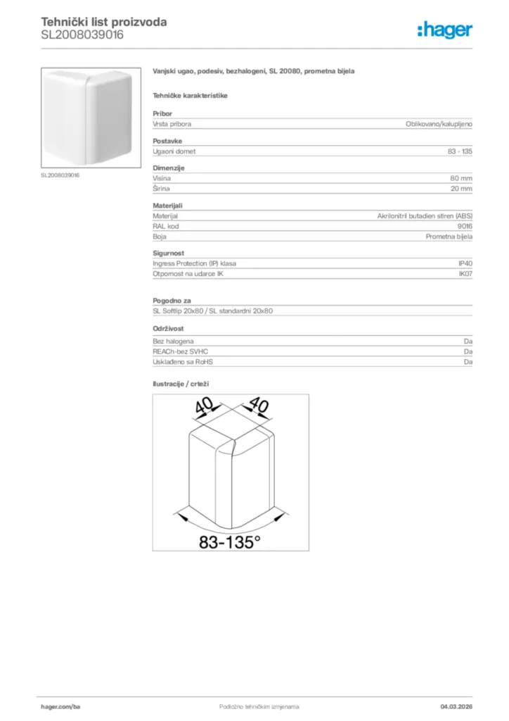 Slika Hager Tehnički list proizvoda SL2008039016  | Hager
