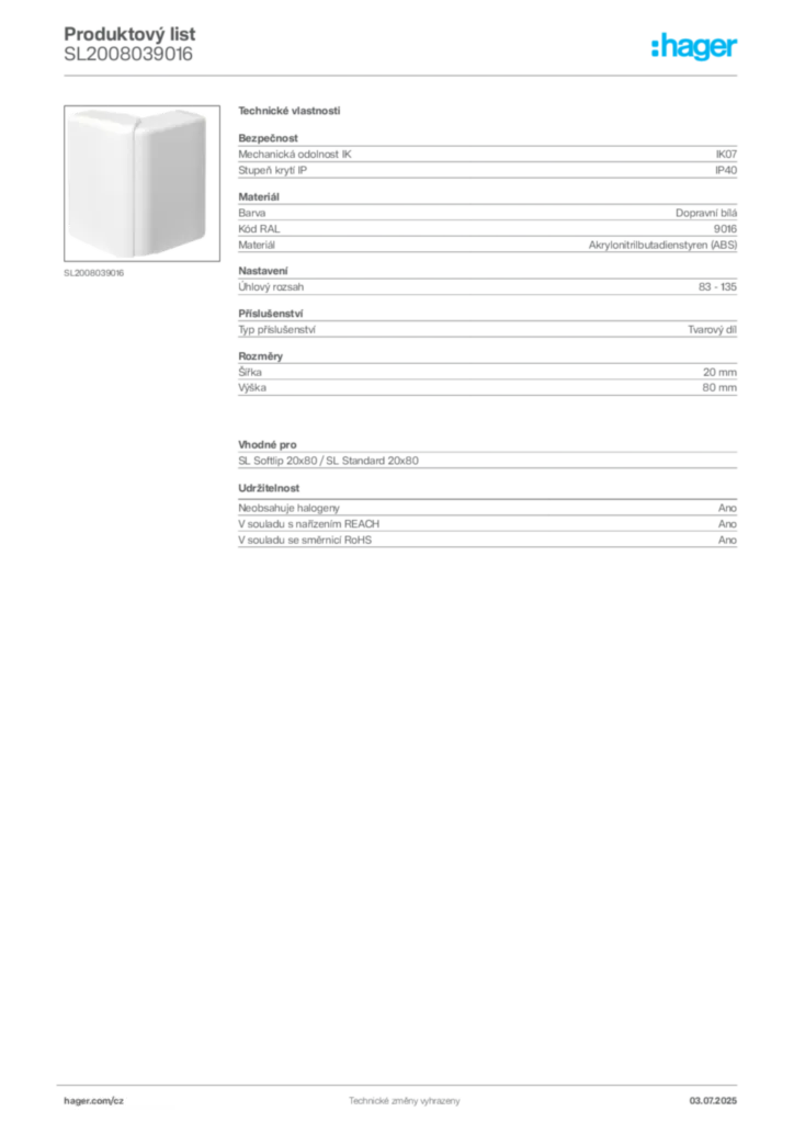 Obrázek Hager Produktový list SL2008039016 | Hager