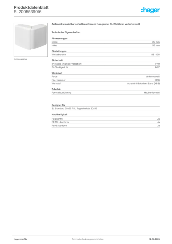 Hager Produktdatenblatt SL2005539016