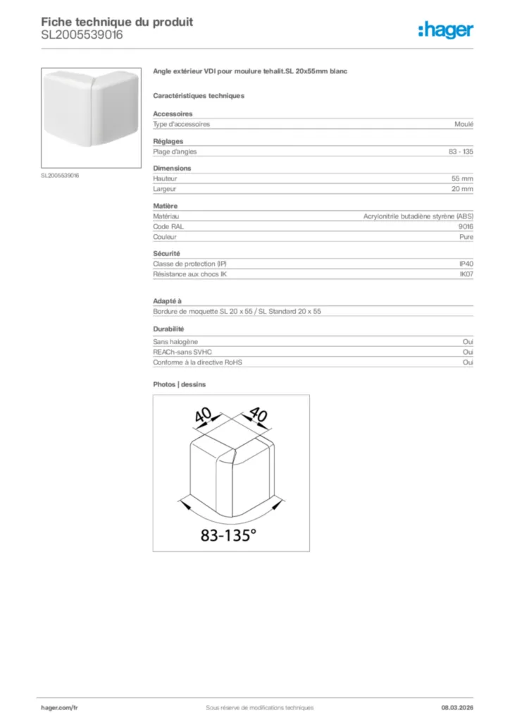 Image Hager Fiche technique du produit SL2005539016 | Hager France