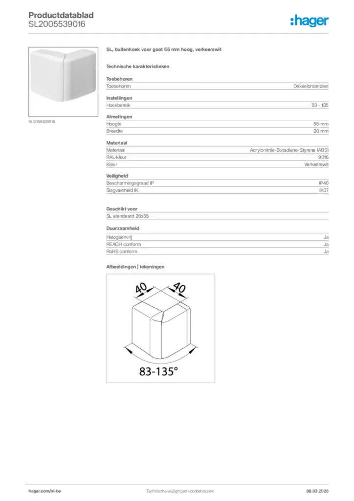 Afbeelding Hager Productdatablad SL2005539016 | Hager Belgium
