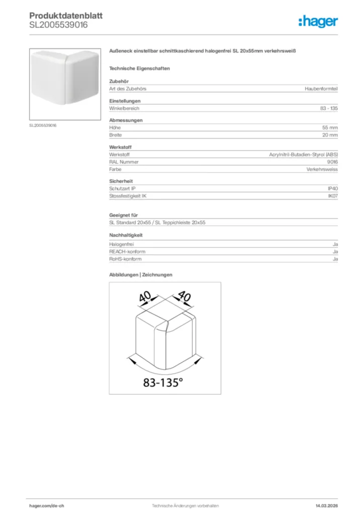 Bild Hager Produktdatenblatt SL2005539016 | Hager Schweiz