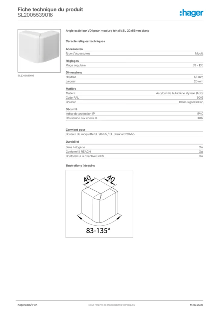 Image Hager Fiche technique du produit SL2005539016 | Hager Suisse