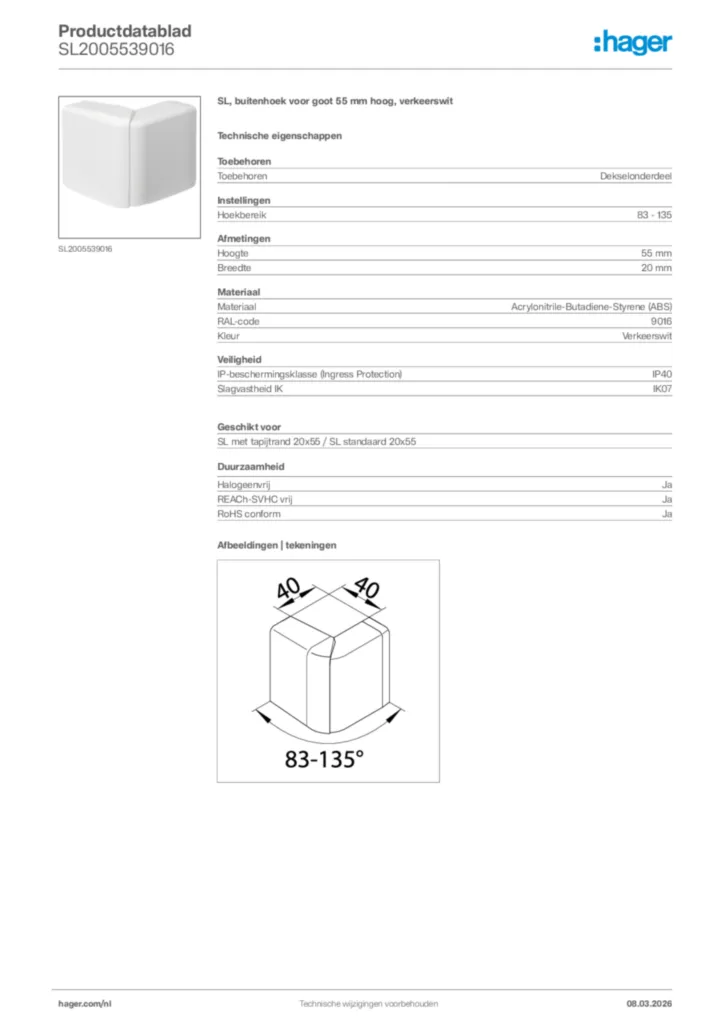 Afbeelding Hager Productdatablad SL2005539016 | Hager Nederland