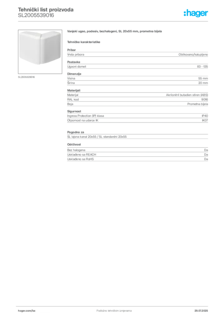 Slika Hager Product data sheet SL2005539016  | Hager