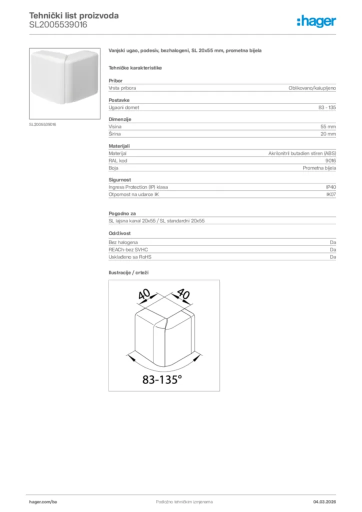 Slika Hager Tehnički list proizvoda SL2005539016  | Hager