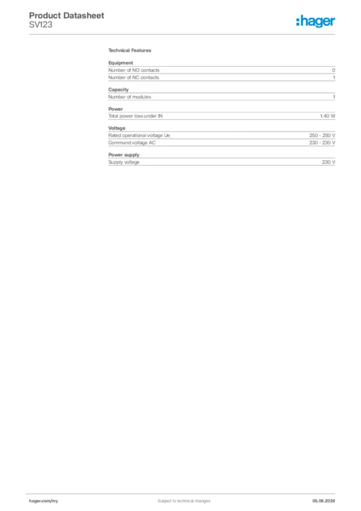 Image Hager Product data sheet SV123  | Hager