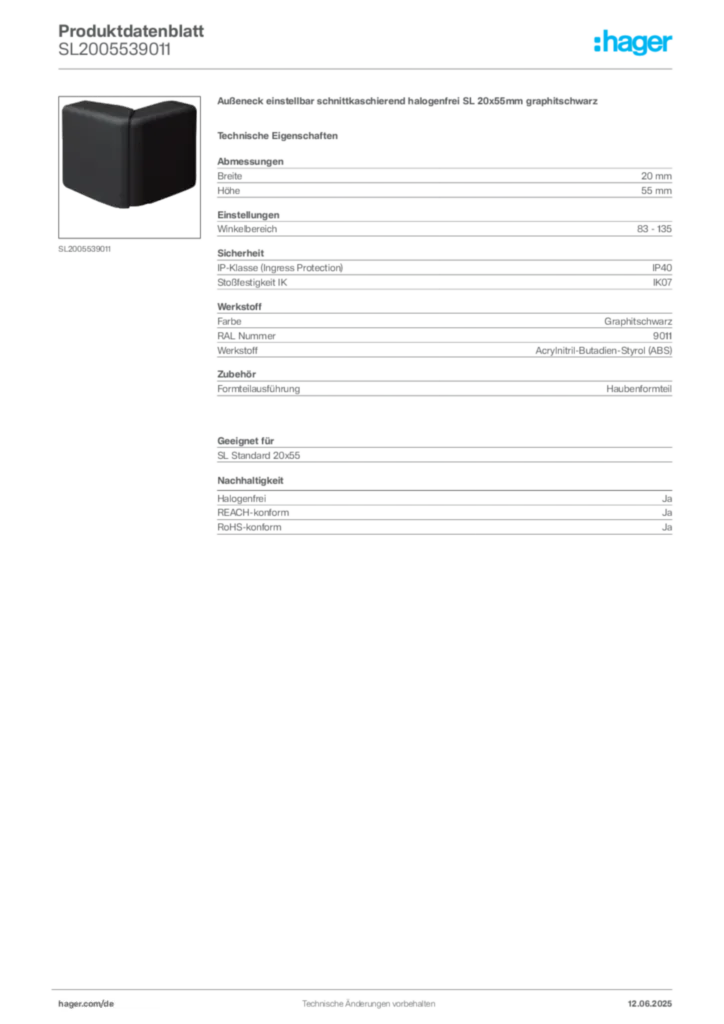 Hager Produktdatenblatt SL2005539011