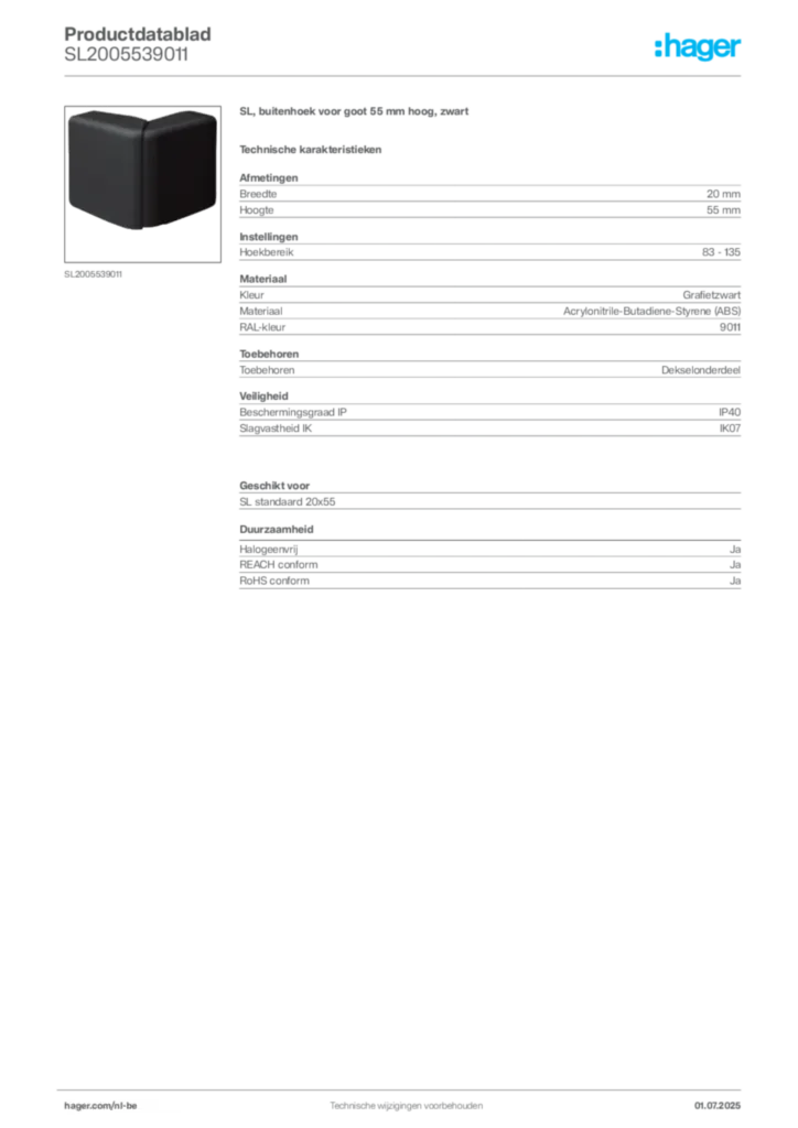 Afbeelding Hager Productdatablad SL2005539011 | Hager Belgium