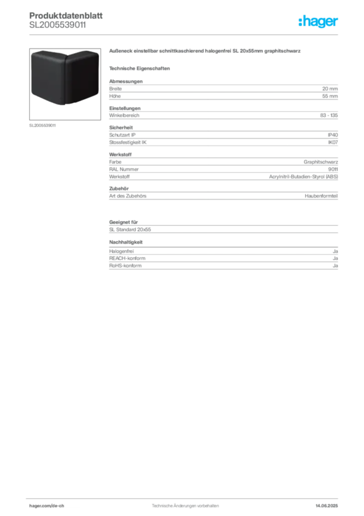 Bild Hager Produktdatenblatt SL2005539011 | Hager Schweiz