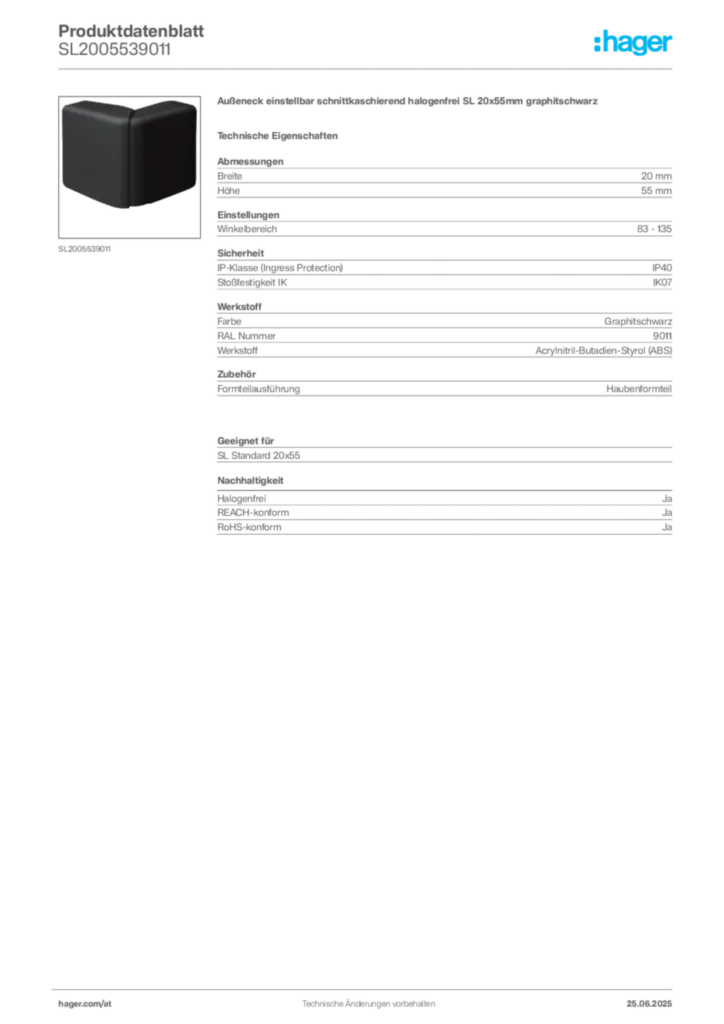 Bild Hager Produktdatenblatt SL2005539011 | Hager Deutschland