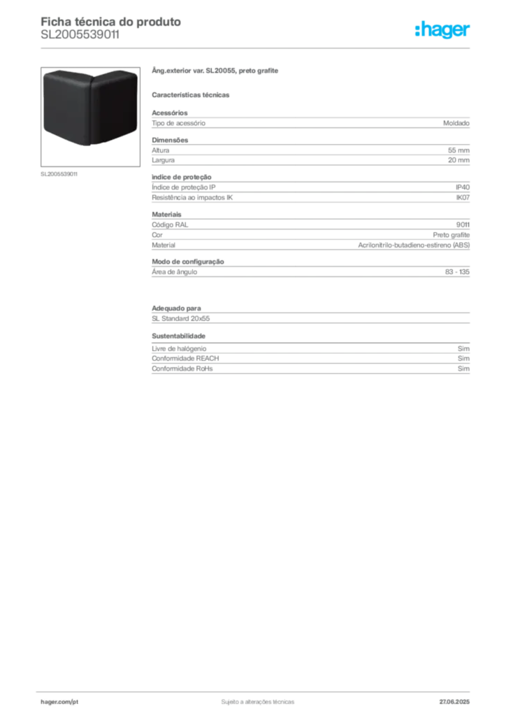 Imagem Hager Ficha técnica do produto SL2005539011 | Hager Portugal