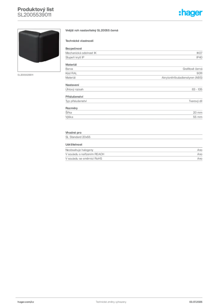 Obrázek Hager Produktový list SL2005539011 | Hager