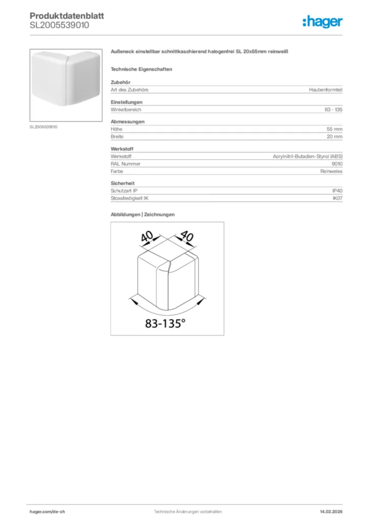 Bild Hager Produktdatenblatt SL2005539010 | Hager Schweiz