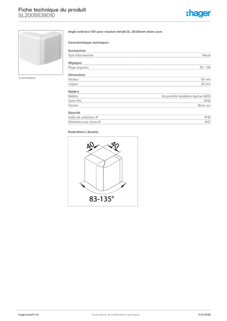 Image Hager Fiche technique du produit SL2005539010 | Hager Suisse