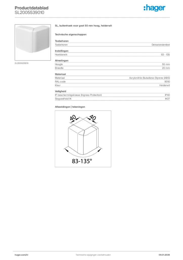 Afbeelding Hager Productdatablad SL2005539010 | Hager Nederland