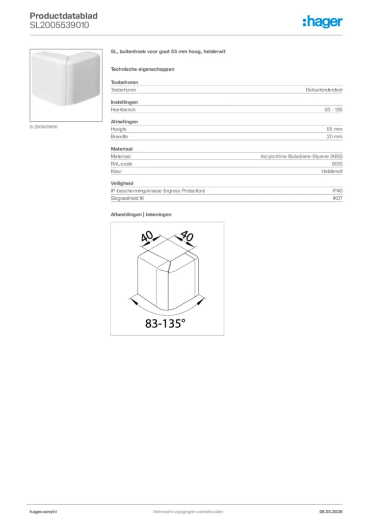 Afbeelding Hager Productdatablad SL2005539010 | Hager Nederland
