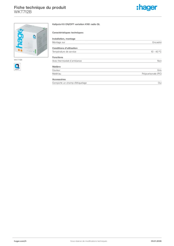 Image Hager Fiche technique du produit WKT712B | Hager France