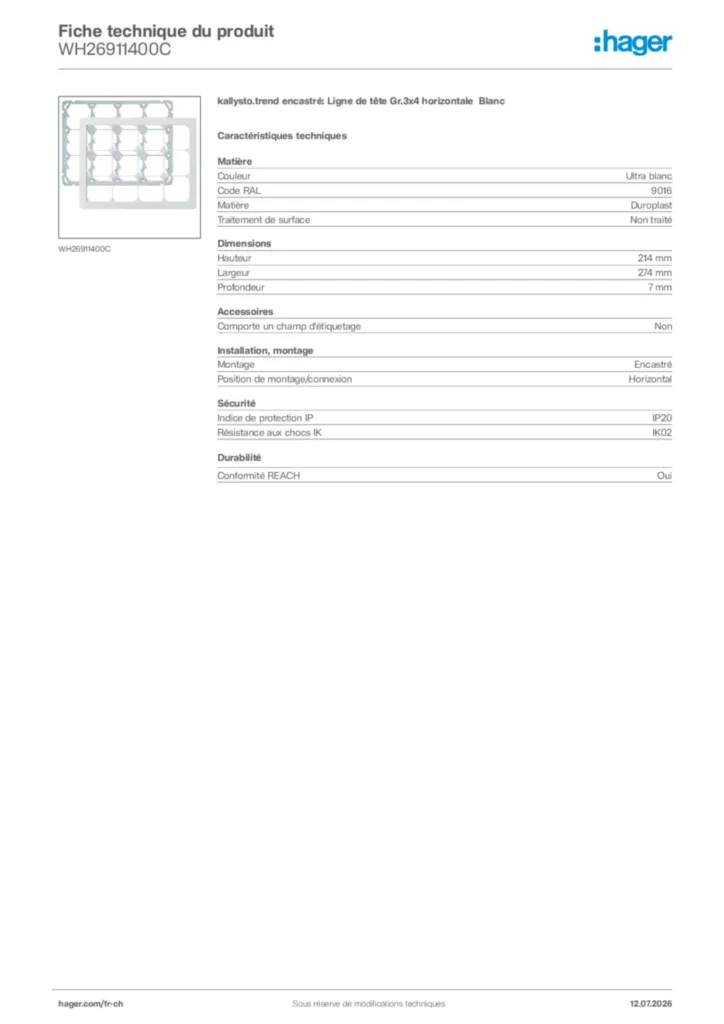 Image Hager Fiche technique du produit WH26911400C | Hager Suisse