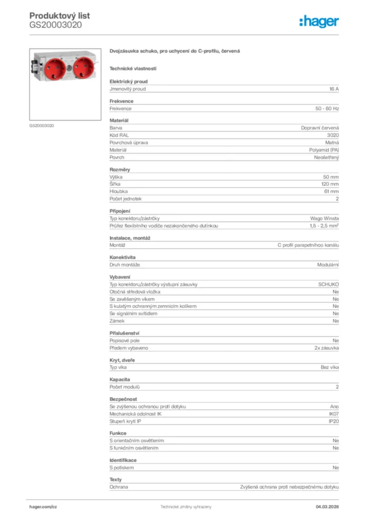 Obrázek Hager Product data sheet GS20003020 | Hager