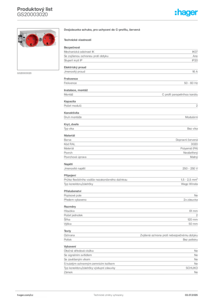 Obrázek Hager Produktový list GS20003020 | Hager