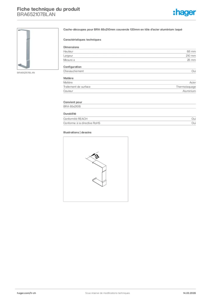 Image Hager Fiche technique du produit BRA652107BLAN | Hager Suisse