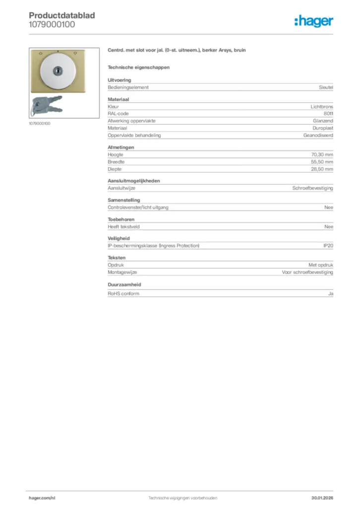 Afbeelding Hager Productdatablad 1079000100 | Hager Nederland