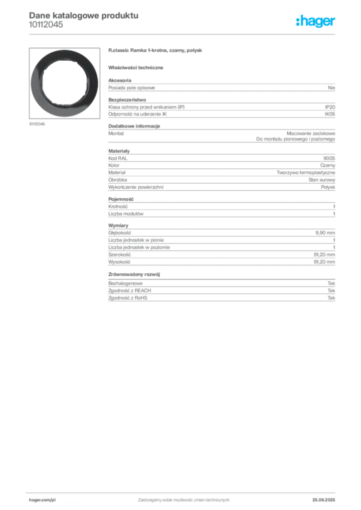 Zdjęcie Hager Karta katalogowa 10112045 | Hager Polska
