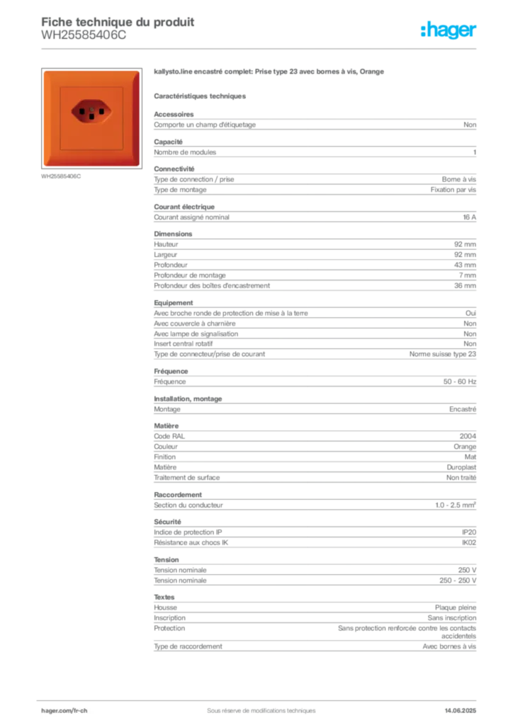 Image Hager Fiche technique du produit WH25585406C | Hager Suisse