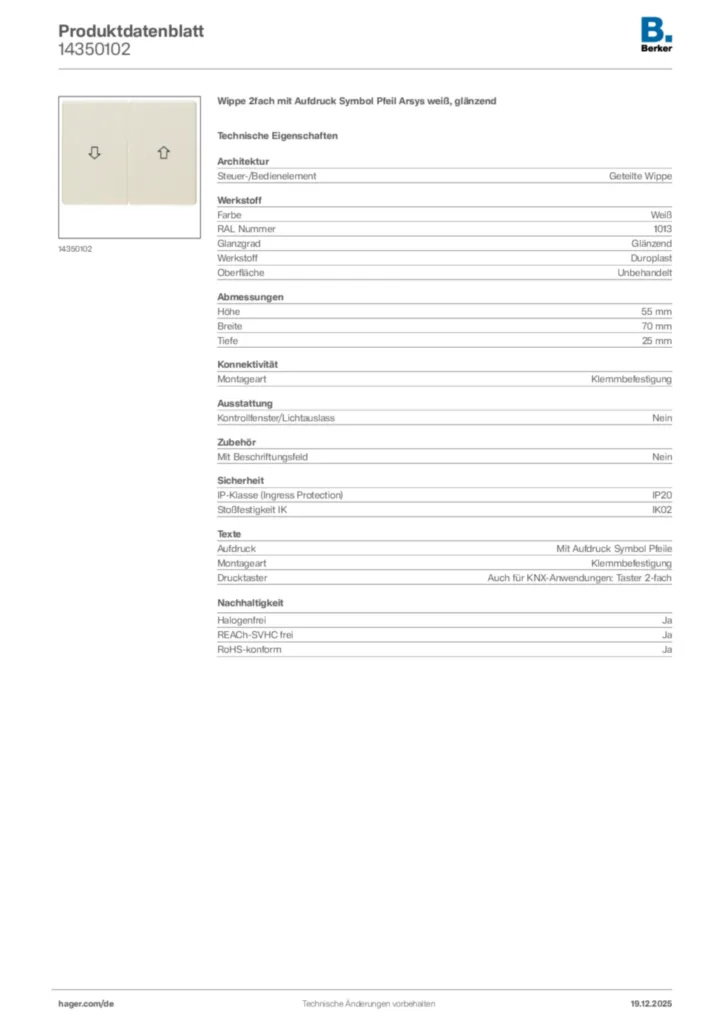 Bild Berker Produktdatenblatt 14350102 | Hager Deutschland
