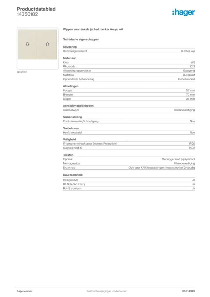 Afbeelding Hager Productdatablad 14350102 | Hager Nederland