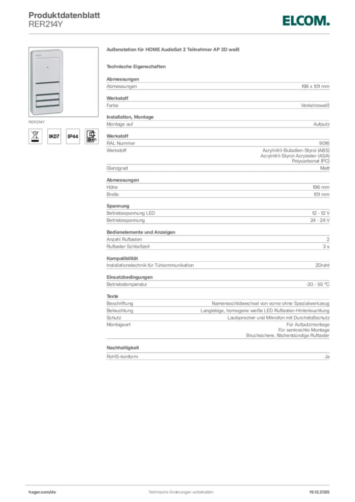 Bild Elcom Produktdatenblatt RER214Y | Hager Deutschland