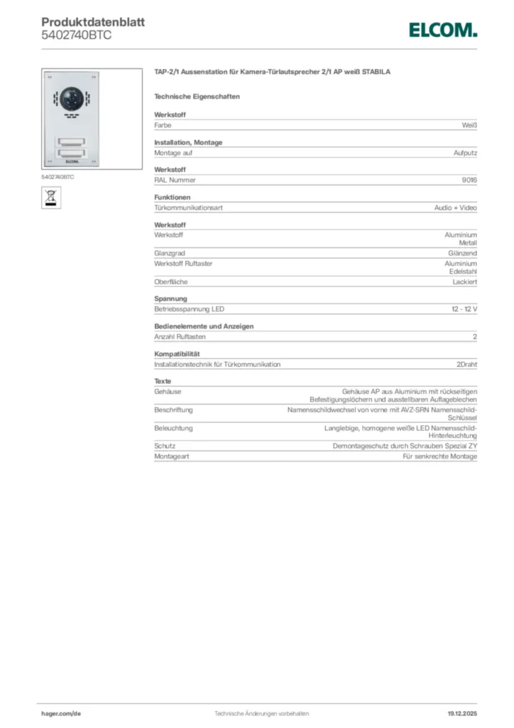 Bild Elcom Produktdatenblatt 5402740BTC | Hager Deutschland