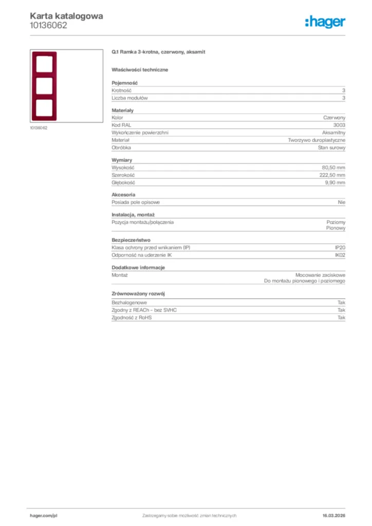 Zdjęcie Hager Karta katalogowa 10136062 | Hager Polska