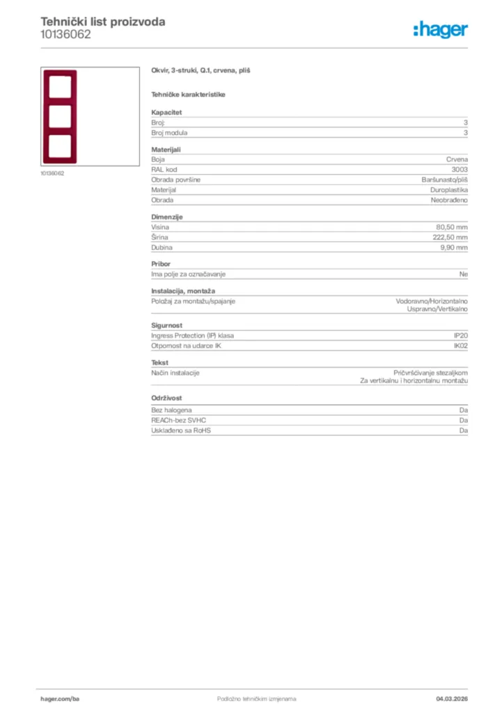 Slika Hager Tehnički list proizvoda 10136062  | Hager
