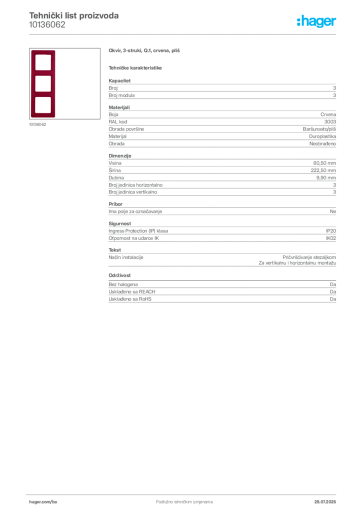 Slika Hager Product data sheet 10136062  | Hager
