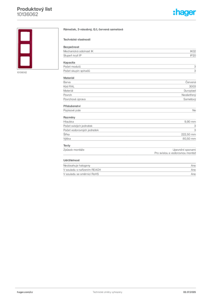 Obrázek Hager Produktový list 10136062 | Hager