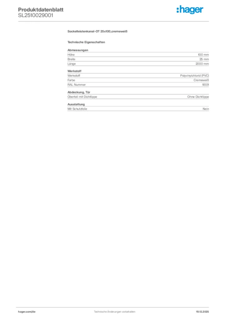 Bild Hager Produktdatenblatt SL2510029001 | Hager Deutschland