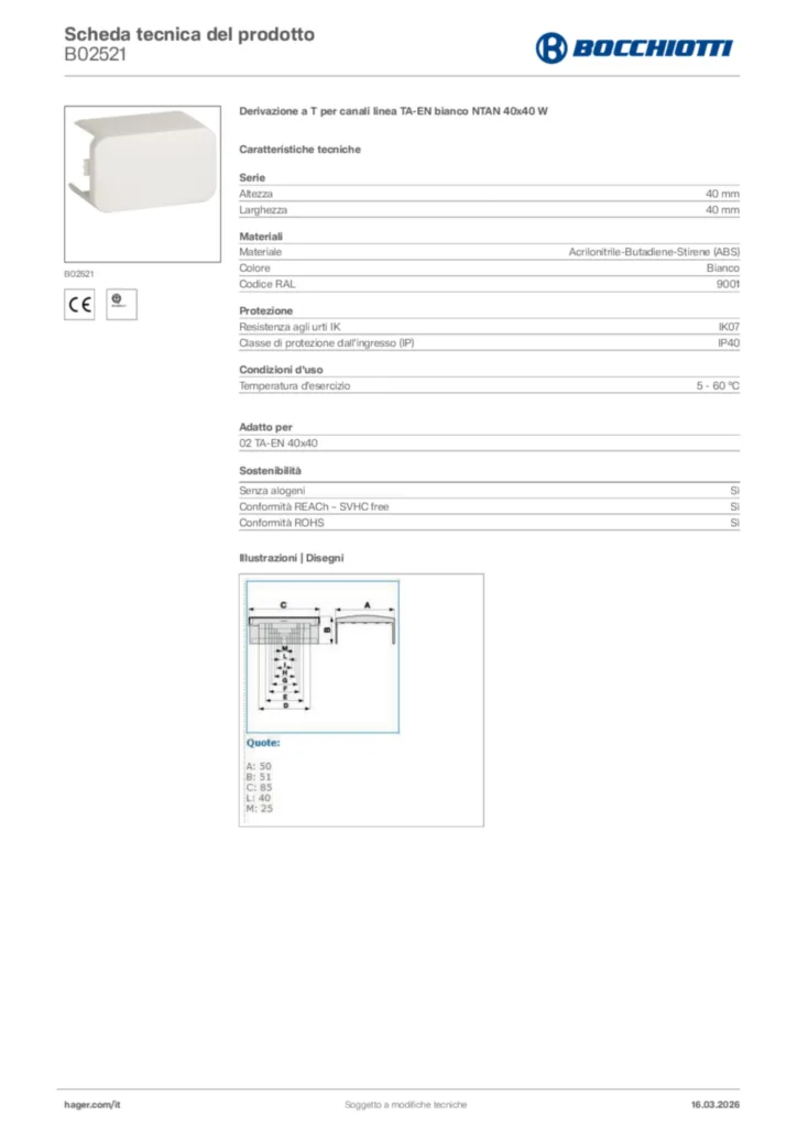 Immagine Bocchiotti Scheda tecnica del prodotto B02521 | Hager Italia