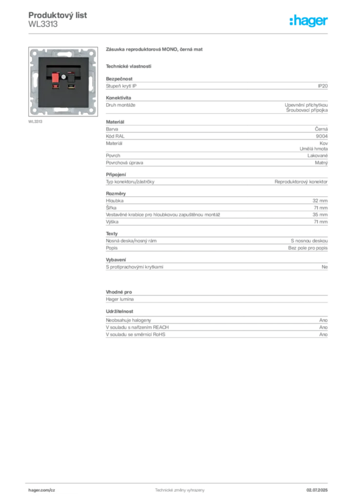 Obrázek Hager Produktový list WL3313 | Hager