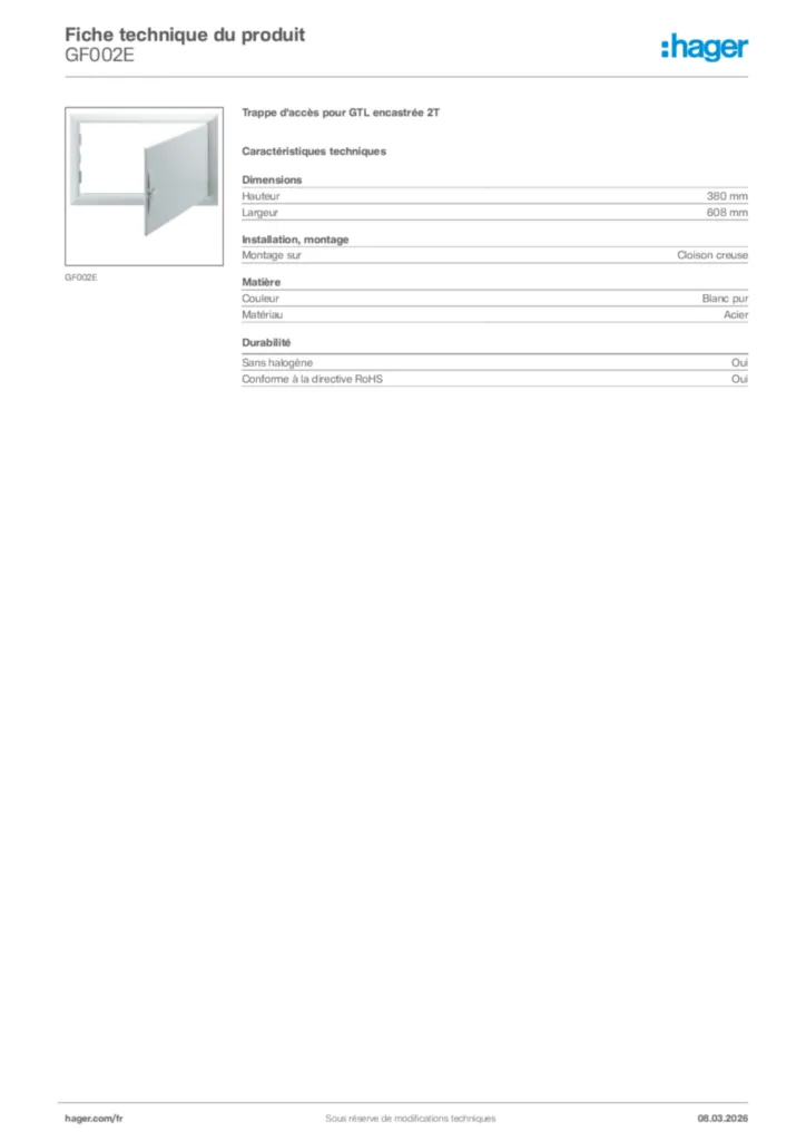 Image Hager Fiche technique du produit GF002E | Hager France
