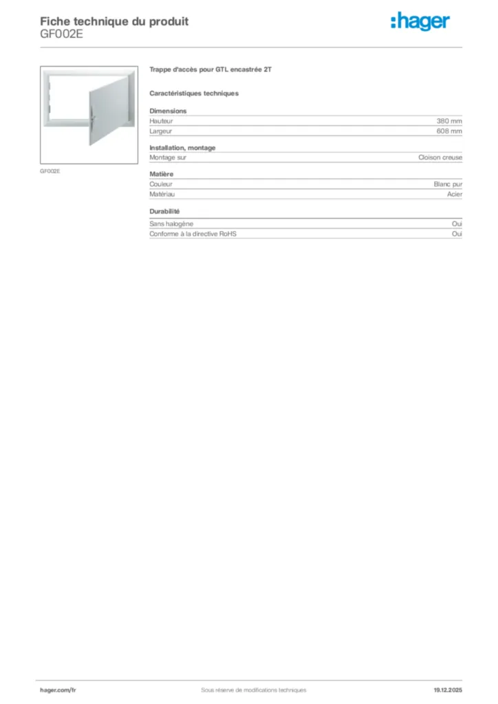 Image Hager Fiche technique du produit GF002E | Hager France