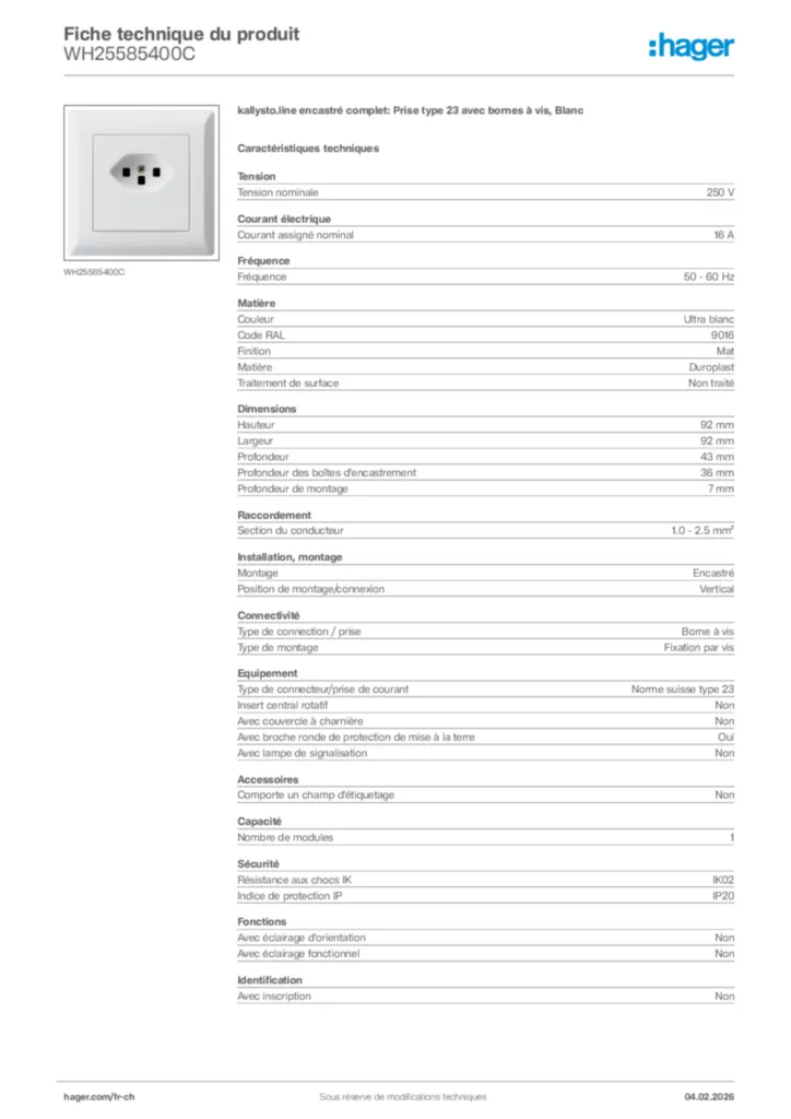 Image Hager Fiche technique du produit WH25585400C | Hager Suisse